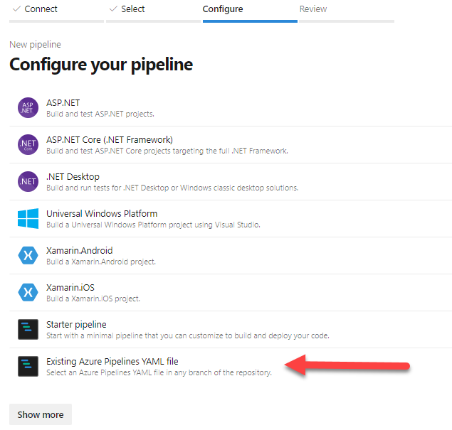 Selecting Existing Azure Pipelines YAML file option